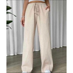 Wide Legs Pants With Elastic Band-beige - L